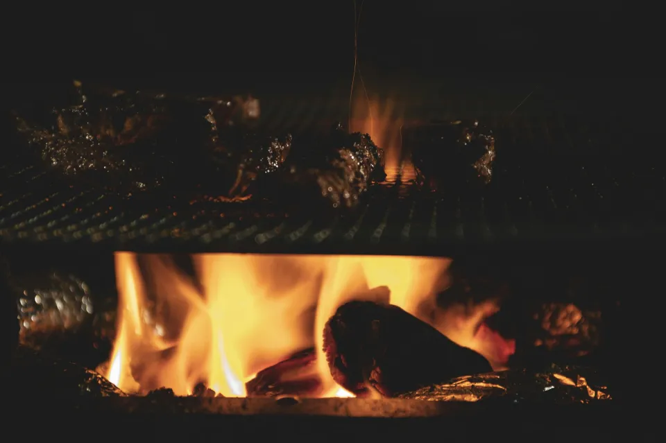 Viandes sur la grille au-dessus du feu de bois