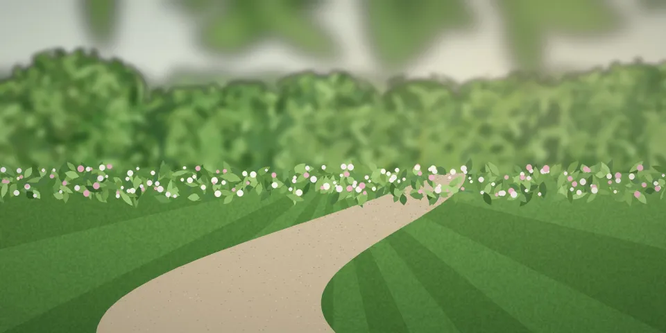 Allée courbe à travers un jardin fleuri
