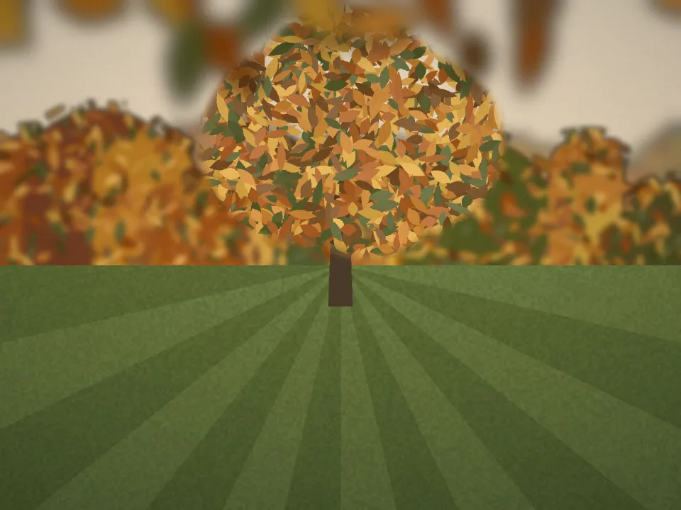 Arbre aux feuilles dorées et pelouse en automne