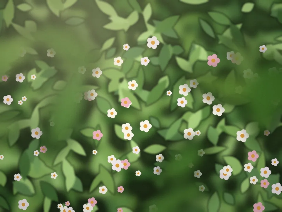 Massif fleuri au printemps, jeunes pousses et fleurs claires