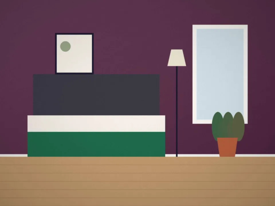 Chambre meublée et décorée : tête de lit, linge vert forêt, luminaires