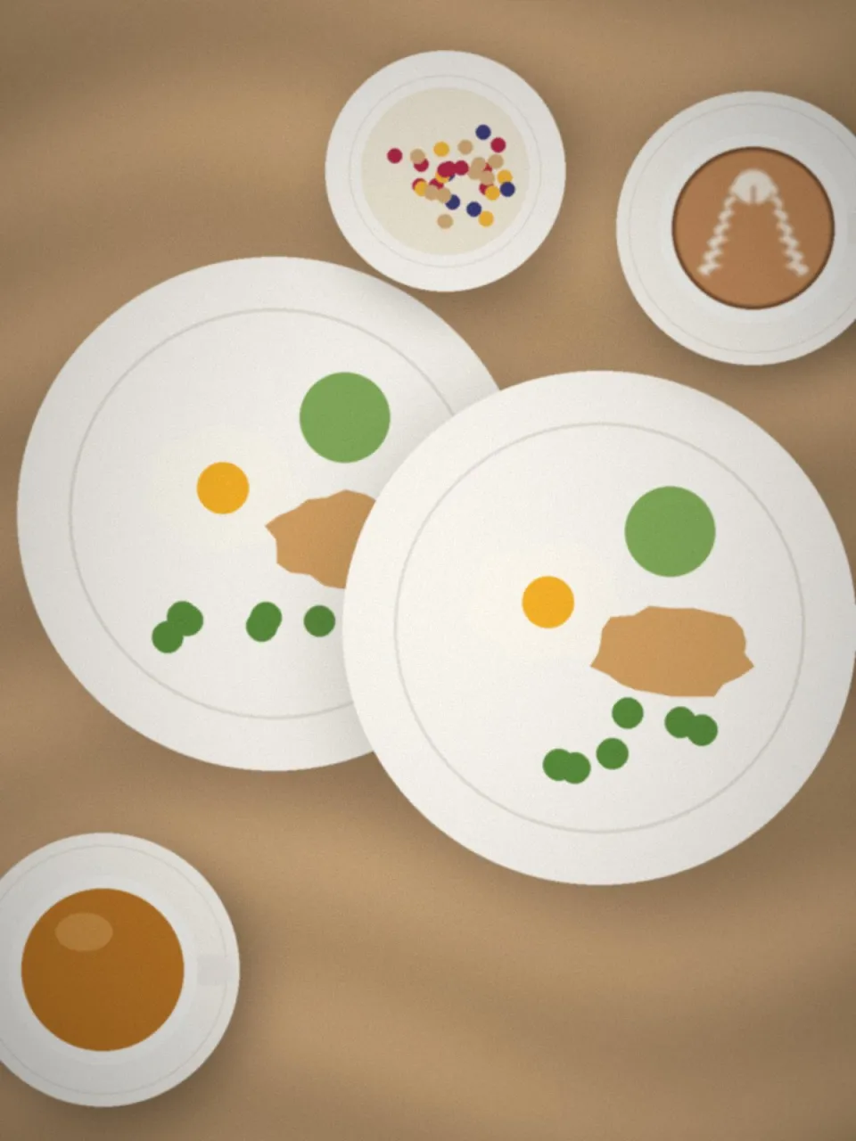 Deux assiettes de brunch et des tasses sur une table en bois