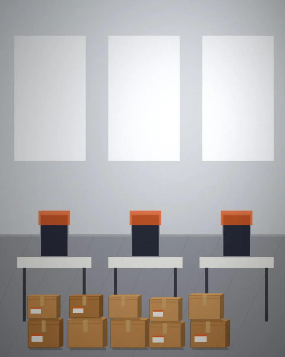 Postes de travail emballés et étiquetés dans un open space