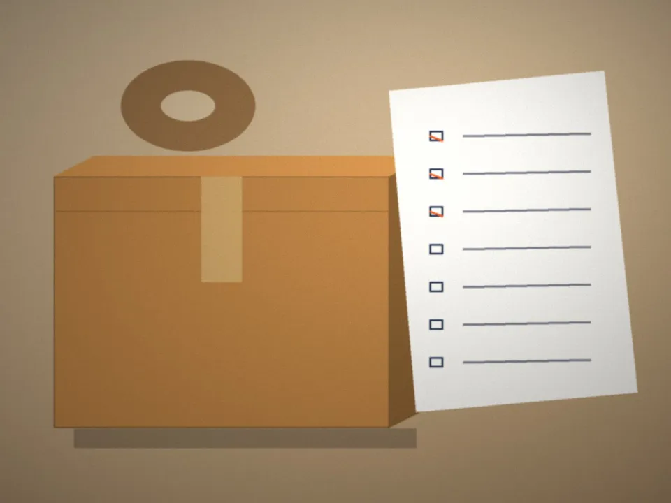 Carton ouvert, rouleau d'adhésif et liste de déménagement