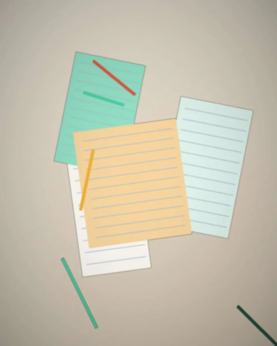 Copies et fiches de révision pendant un stage, sans visage