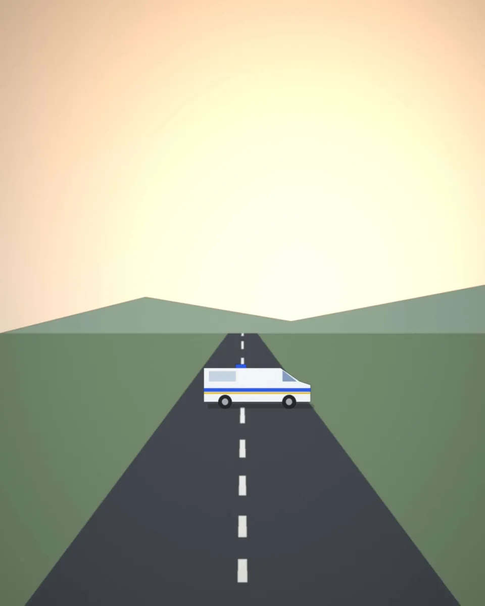 Ambulance sur une route de bord de Loire, en fin de journée