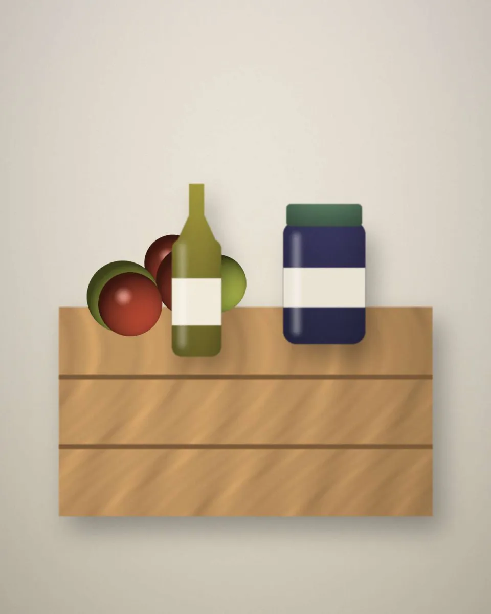 Panier garni dans une cagette : fruits, fromage, bocaux et bouteille