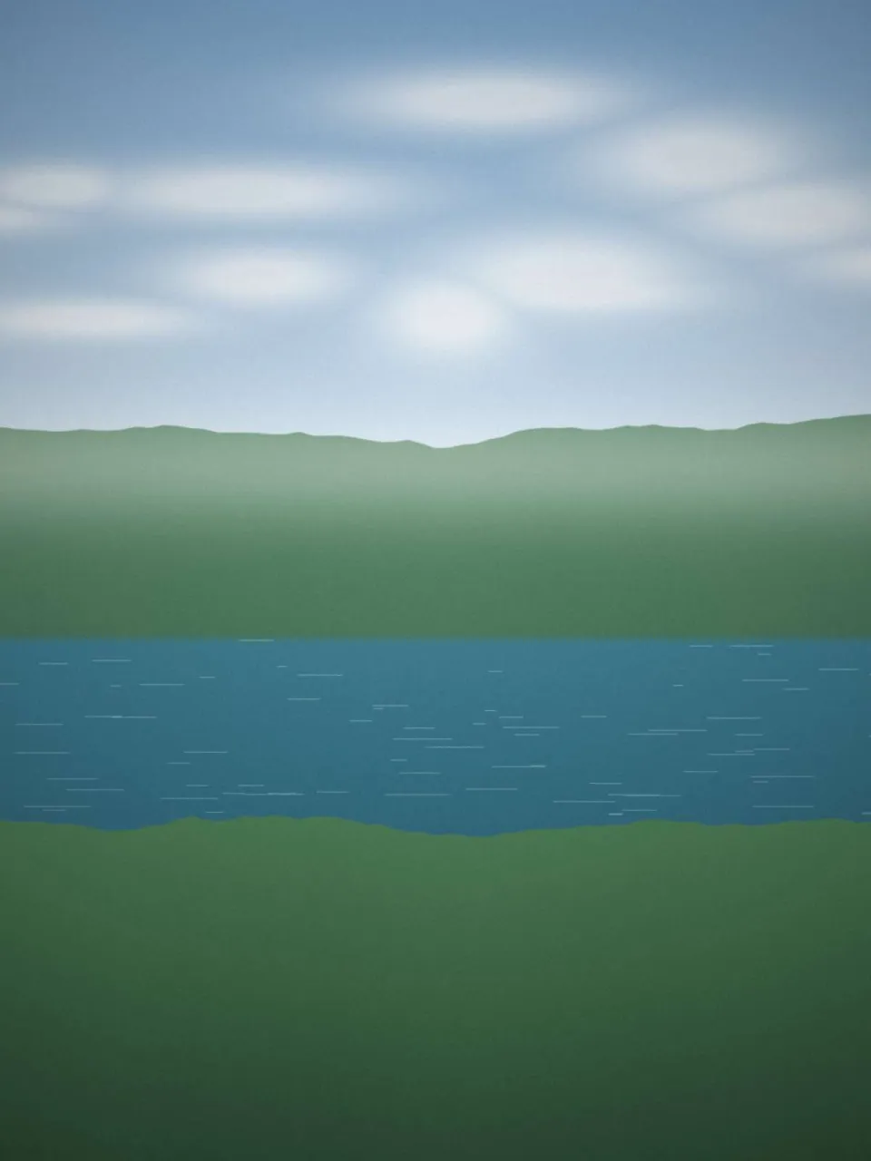 Lac de cratère entouré de collines vertes sous un ciel nuageux