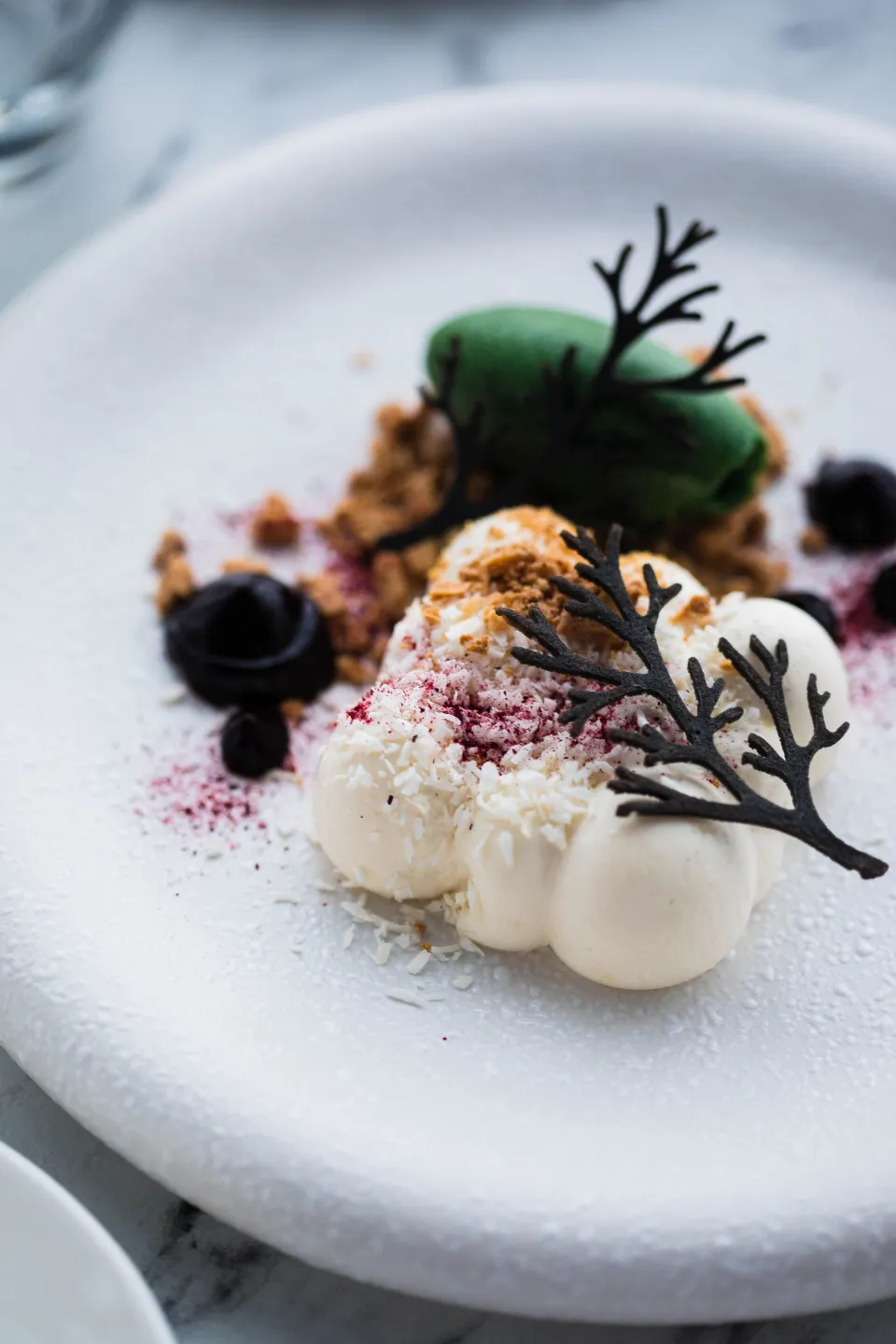 Dessert blanc, fruits noirs et tuile de chocolat