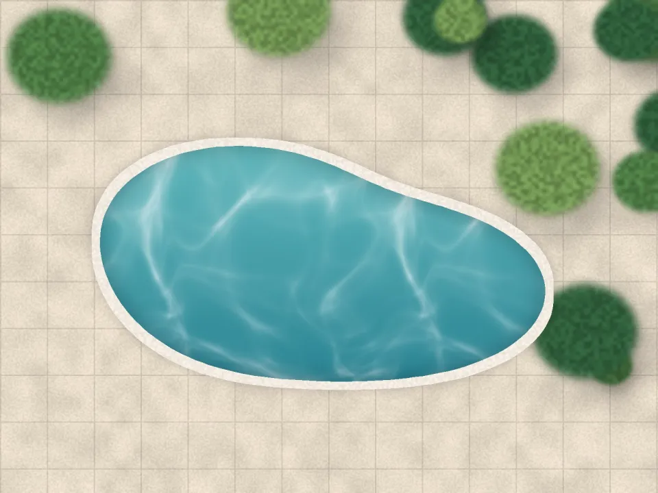 Piscine en forme libre entourée de végétation, vue du dessus