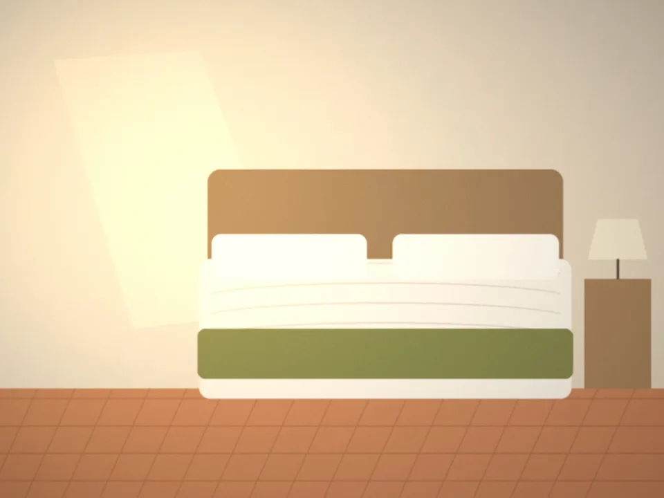 Chambre Olivier : lit en lin blanc et plaid vert olive, tomettes anciennes