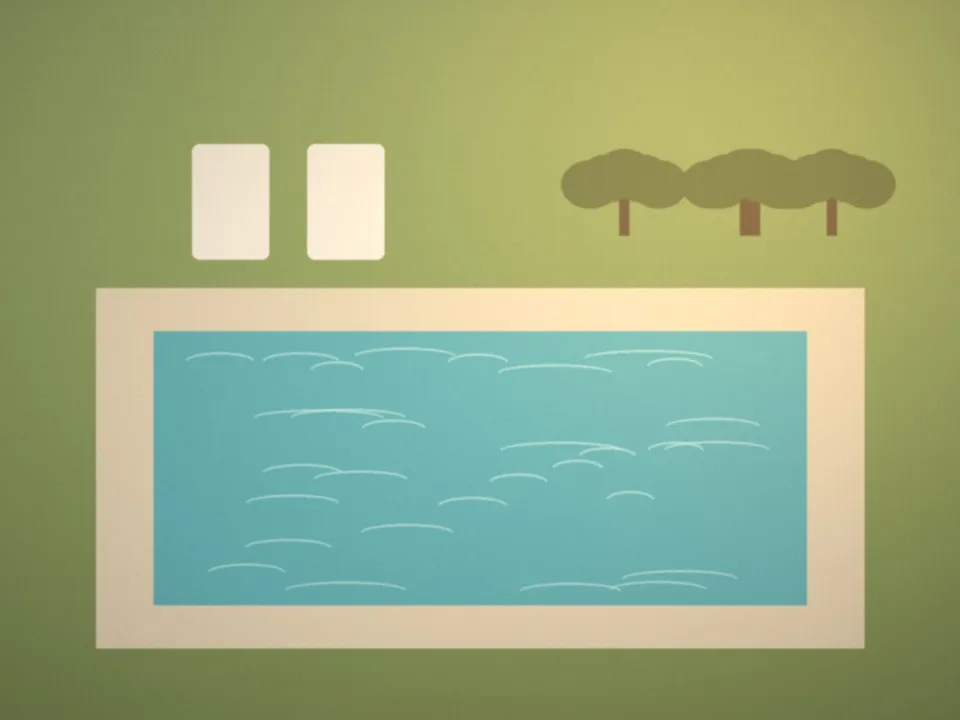 La piscine entourée de dalles de pierre et d'oliviers
