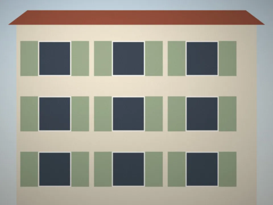 Façade d'immeuble ravalée avec volets vert sauge
