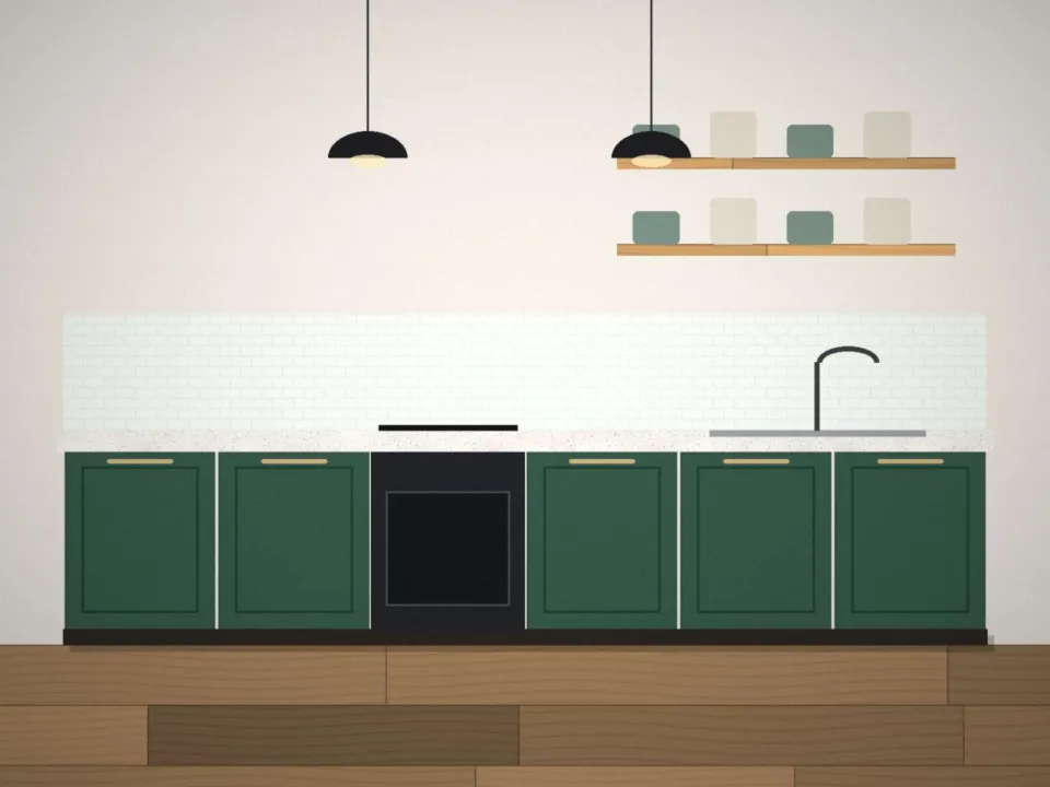 Cuisine vert foncé avec étagères ouvertes