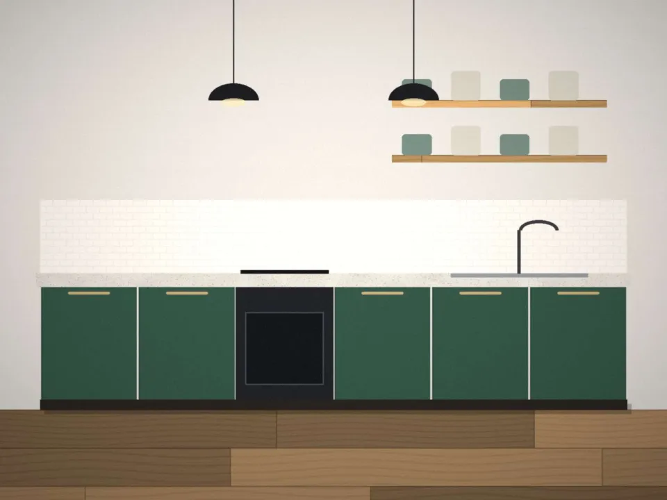 Cuisine rénovée avec nouvelles façades vert foncé et étagères en bois