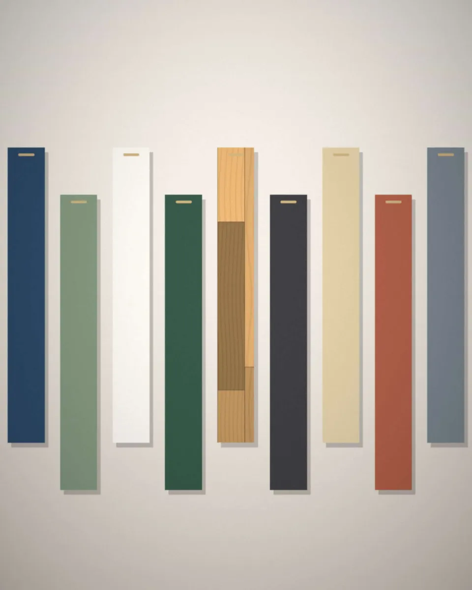 Le showroom : rangée de façades de cuisine en différentes couleurs