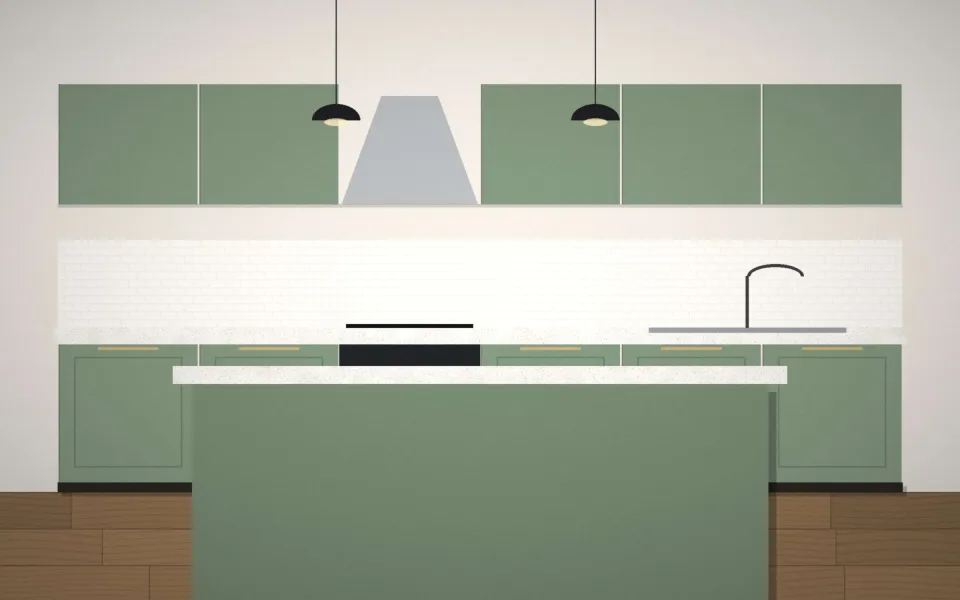 Cuisine vert sauge terminée avec îlot