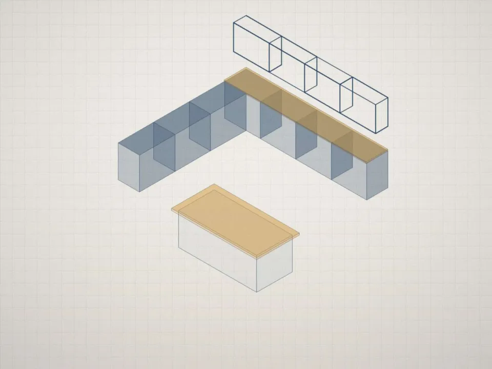 Plan 3D d'une cuisine en L avec îlot, vu en perspective