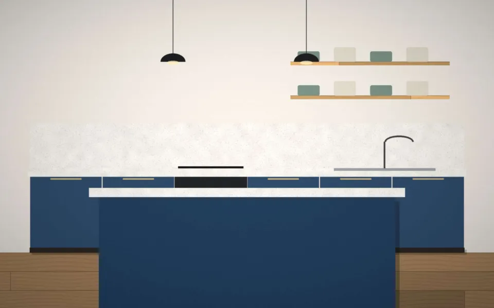 Cuisine bleu nuit avec îlot vue de face