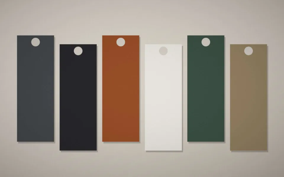 Échantillons de finitions métal : brut, thermolaqué, corten, laiton