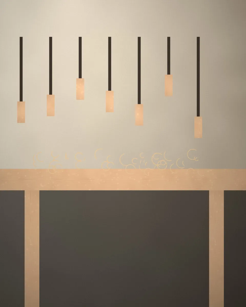 L'établi de l'atelier, outils rangés au mur