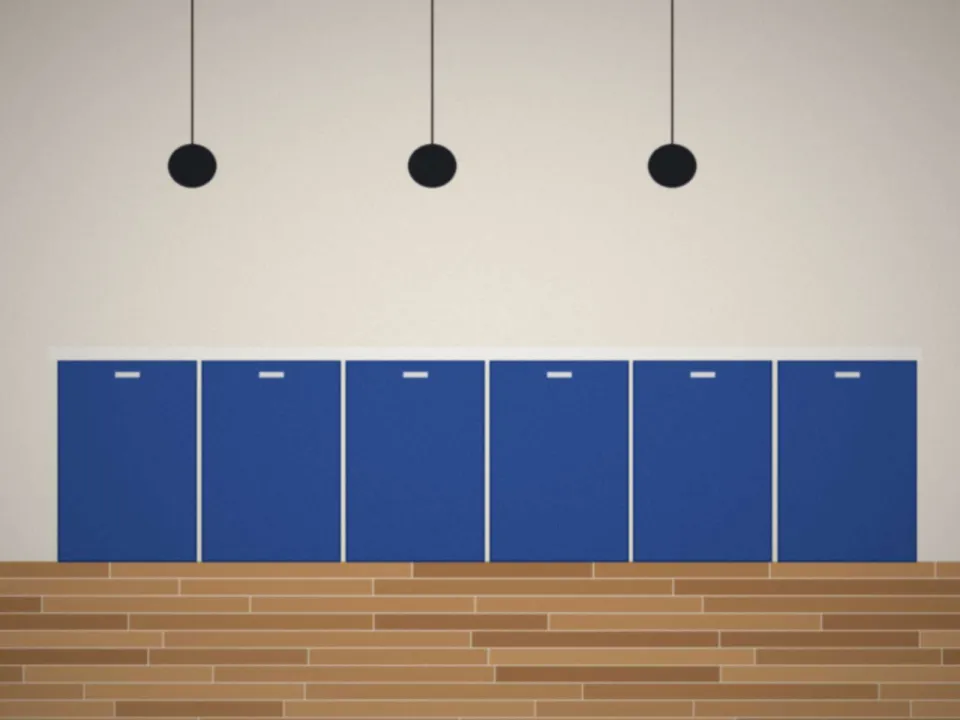 Cuisine ouverte refaite avec façades bleues, après travaux