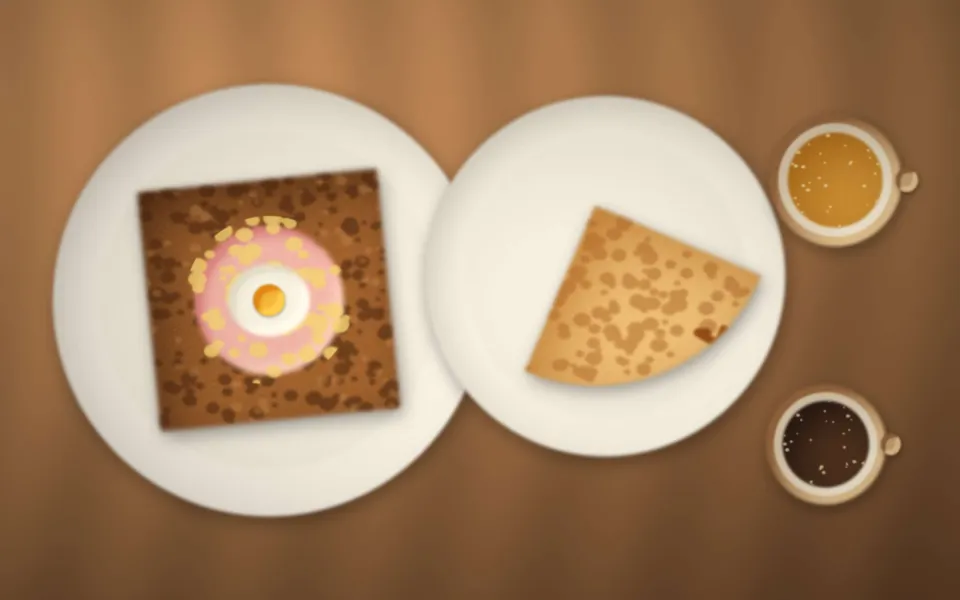 Formule du midi vue du dessus : galette complète, crêpe au caramel et bolées de cidre