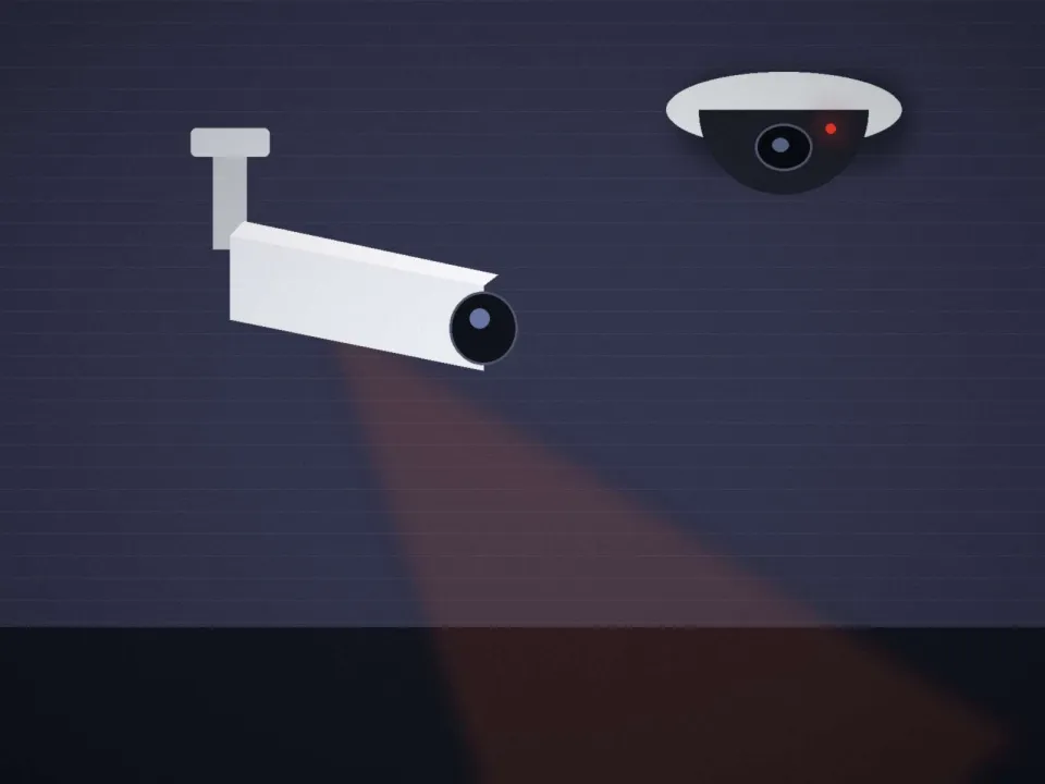 Caméras de vidéosurveillance fixées en façade d'une maison, le soir