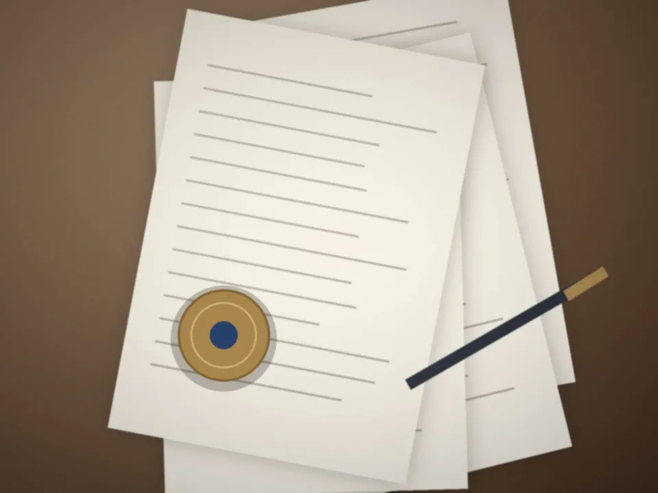 Acte posé sur une table en bois avec un stylo et un sceau