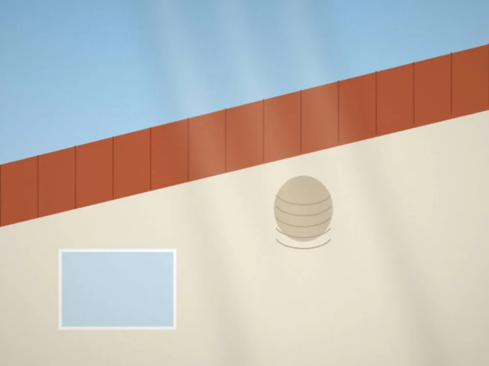 Avant-toit d'une maison sous un ciel bleu, où se cache un nid