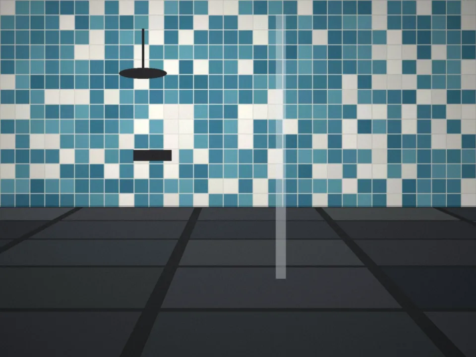 Douche en mosaïque bleue et sol en ardoise